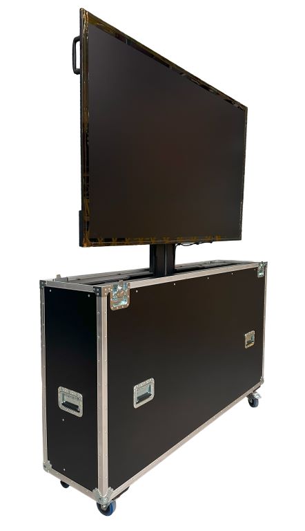 Television mounted on a rolling black flight case used for stage/production setups