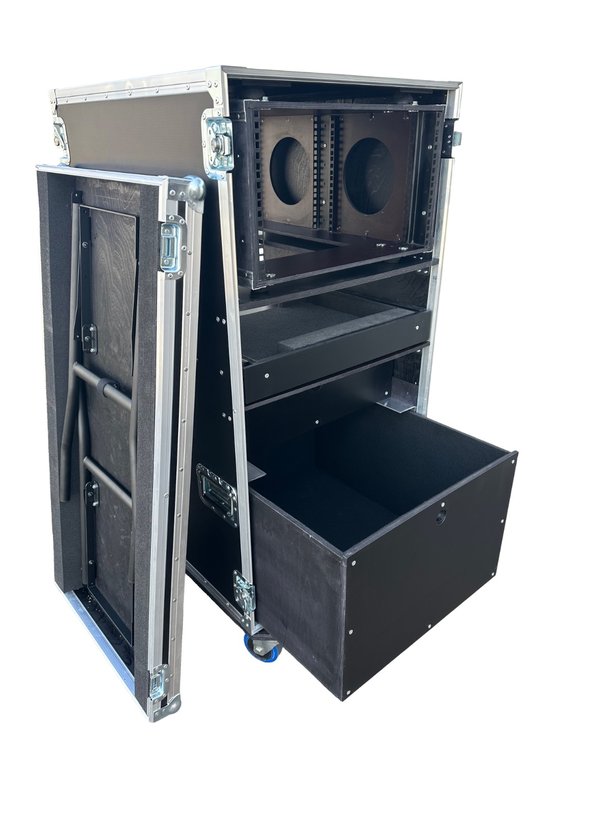 Open tour flight case with modular rack insert and bottom storage drawer on caster wheels