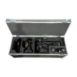 Camera rig, lens and accessories held in custom foam inserts inside a flight case