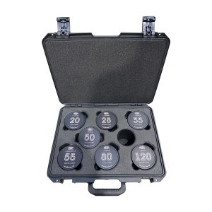 Custom foam insert holding a set of round weight plates inside a hard case