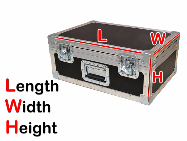 Silver top-opening flight case with Length, Width and Height labelled on each dimension