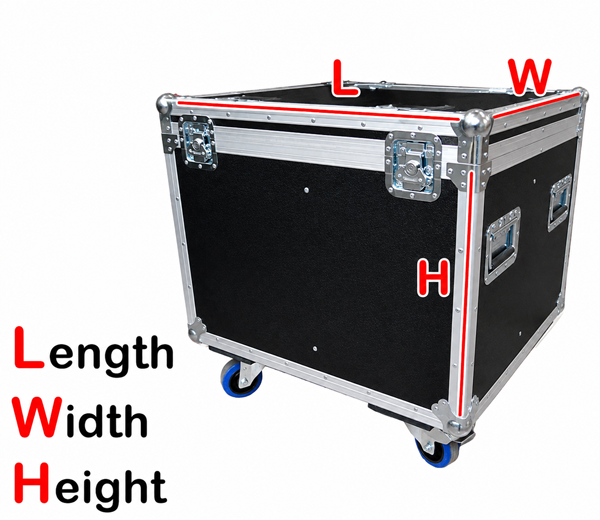 Black flight case on castors with Length, Width and Height marked in red on each edge